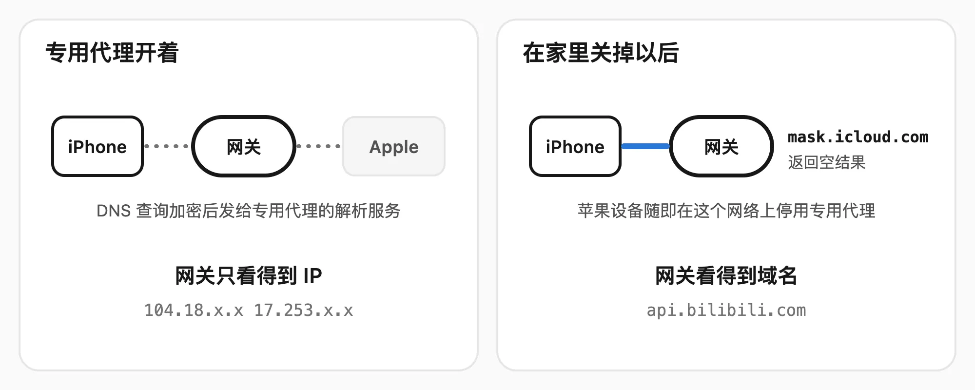 专用代理开着时，DNS 查询加密发给专用代理的解析服务，网关只看得到 IP；网关对 mask.icloud.com 返回空结果后，苹果设备在这个网络上停用专用代理，网关就看得到域名了
