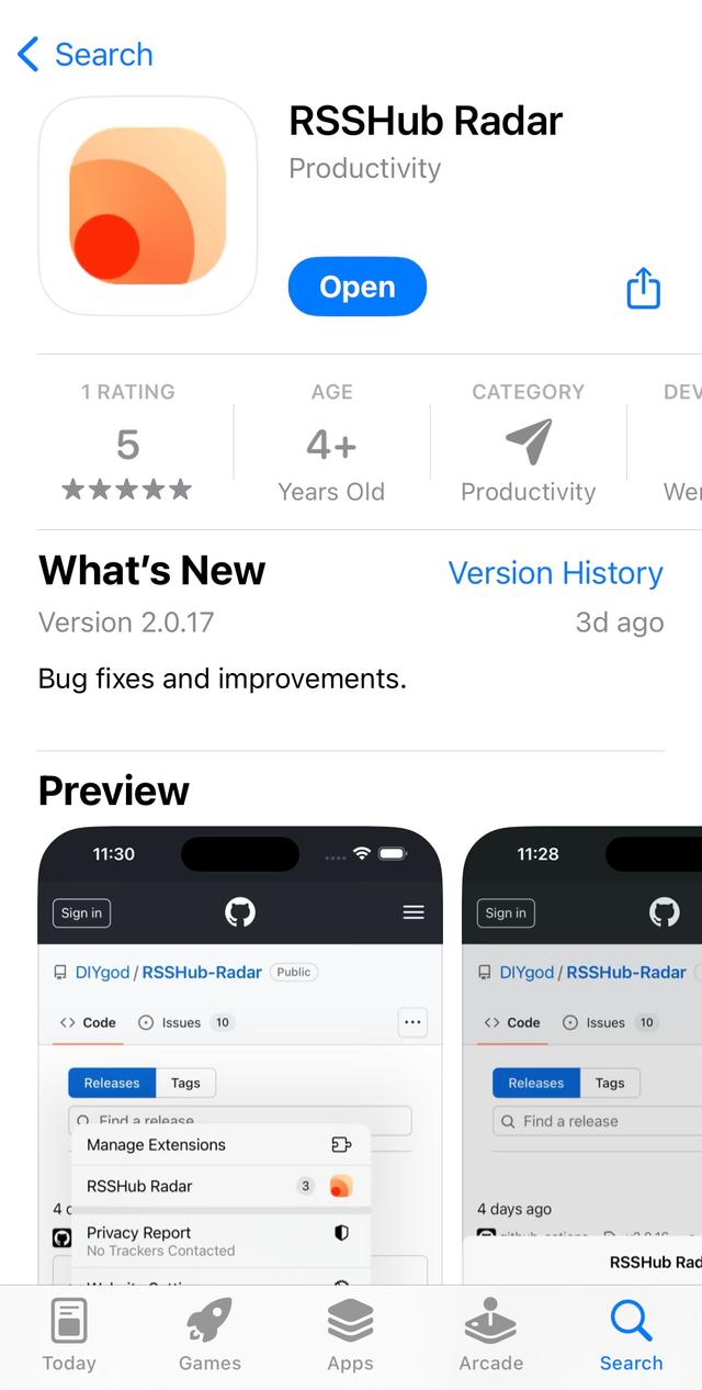 🌟 RSSHub Radar 上架 App Store 首发限免啦，可以在 iOS iPadOS macOS 的 Safari 里使用