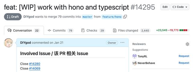 最近几个月在偷偷用 Hono 和 TypeScript 重构 RSSHub 内核，改了 2000 多文件 4 万多行代码，非常痛苦，终于快结束了，本周应该可以发布